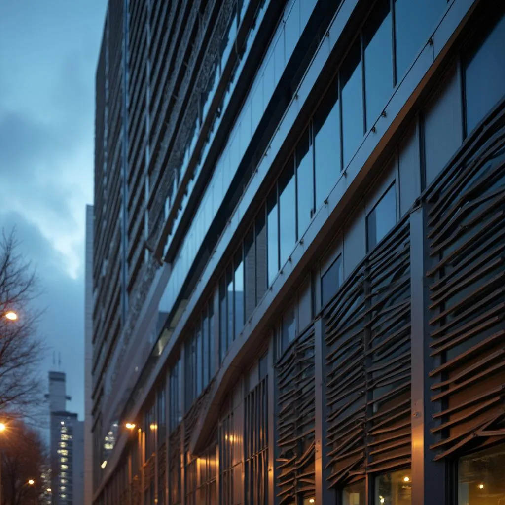 Detalle arquitectónico de la fachada de una oficina moderna al atardecer